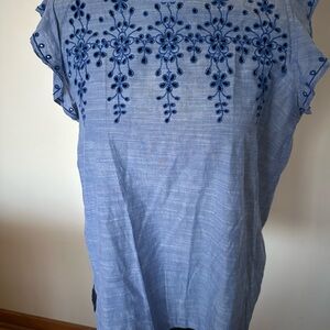 LOFT Blue Embellished Flutter Sleeve Blouse